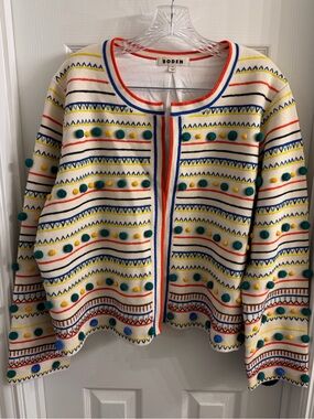 Boden Cream Multicolor Pom-Trim Knit Cardigan